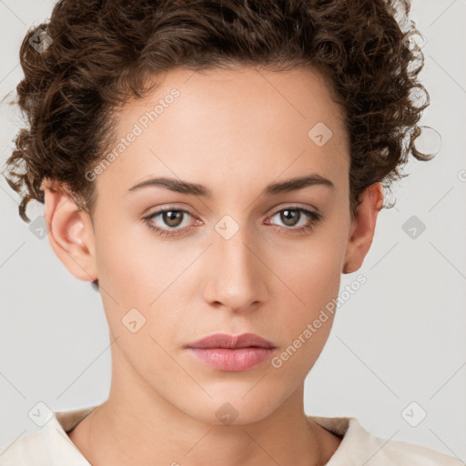 Neutral white young-adult female with short  brown hair and brown eyes