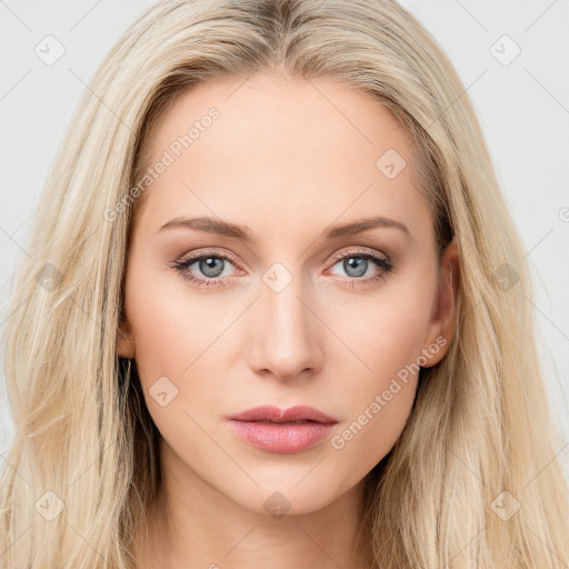 Neutral white young-adult female with long  brown hair and blue eyes