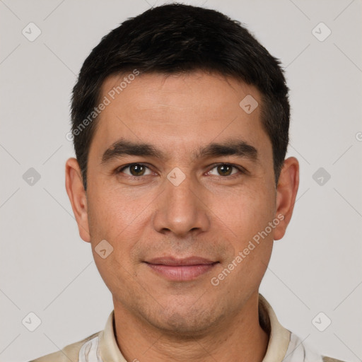 Joyful white young-adult male with short  brown hair and brown eyes