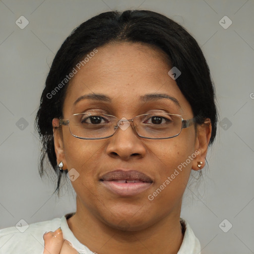 Joyful asian adult female with medium  brown hair and brown eyes