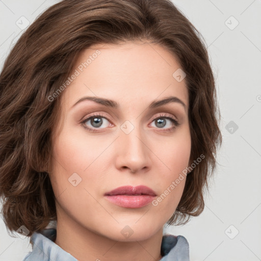 Joyful white young-adult female with medium  brown hair and green eyes