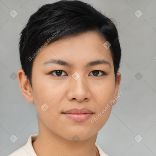 Joyful asian young-adult female with short  black hair and brown eyes