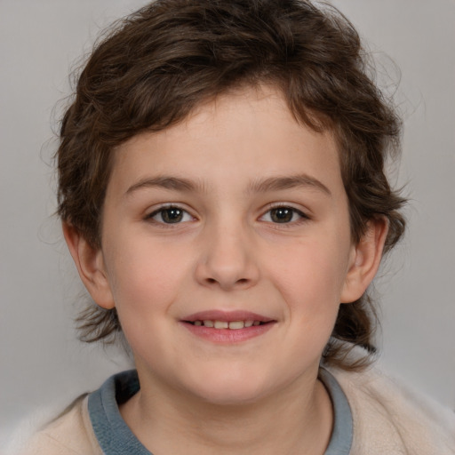 Joyful white child female with medium  brown hair and brown eyes