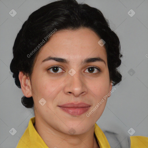 Joyful latino young-adult female with short  brown hair and brown eyes