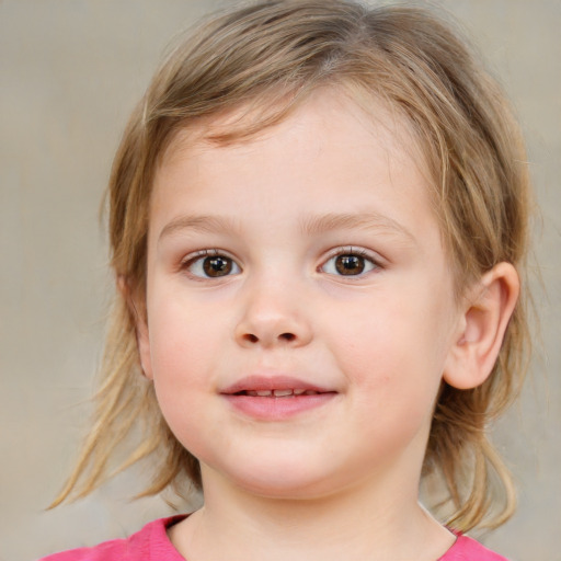 Joyful white child female with medium  brown hair and grey eyes