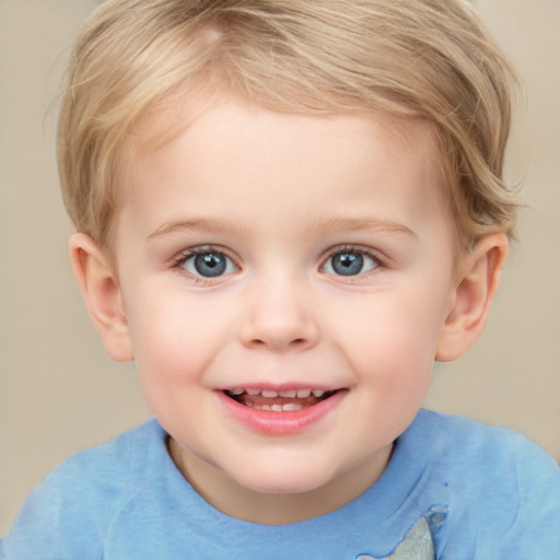 Joyful white child female with short  brown hair and grey eyes