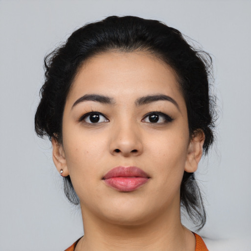 Neutral asian young-adult female with medium  black hair and brown eyes