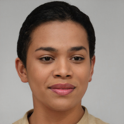 Joyful asian young-adult female with short  black hair and brown eyes