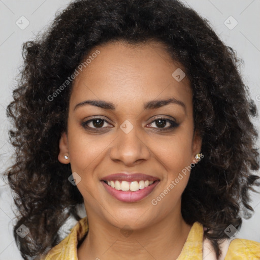 Joyful black young-adult female with medium  brown hair and brown eyes