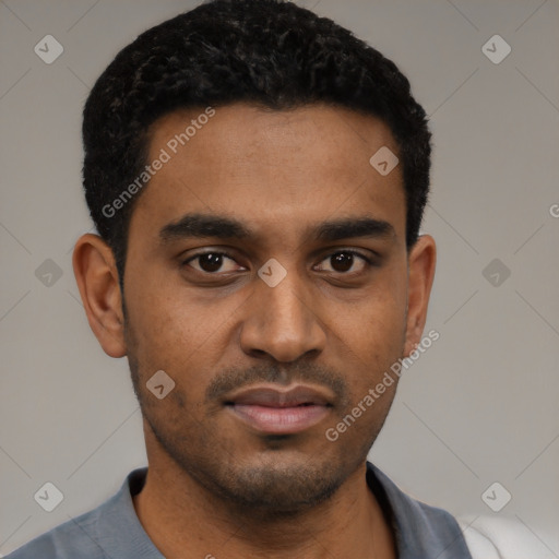 Neutral black young-adult male with short  black hair and brown eyes