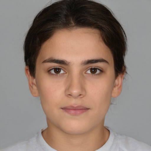 Neutral white young-adult female with short  brown hair and brown eyes