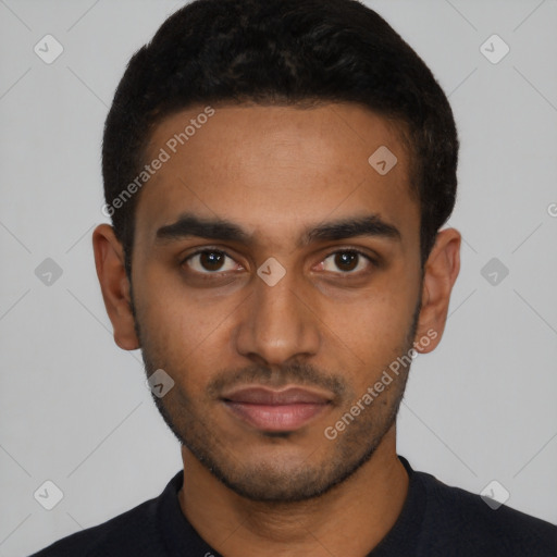 Neutral latino young-adult male with short  black hair and brown eyes