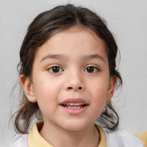 Joyful white child female with medium  brown hair and brown eyes