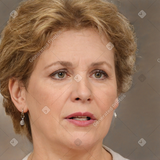 Joyful white adult female with short  brown hair and grey eyes