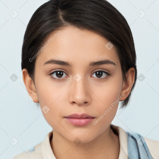 Neutral white young-adult female with medium  brown hair and brown eyes