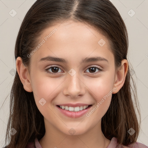 Joyful white child female with long  brown hair and brown eyes