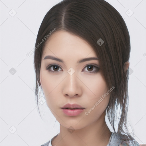 Neutral asian young-adult female with medium  black hair and brown eyes