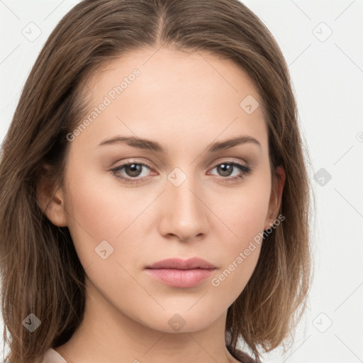 Neutral white young-adult female with long  brown hair and grey eyes