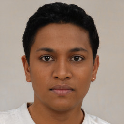 Neutral latino young-adult female with short  black hair and brown eyes
