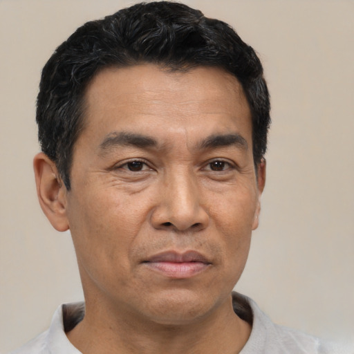 Joyful latino adult male with short  black hair and brown eyes