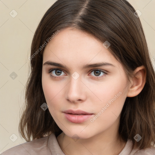 Neutral white young-adult female with medium  brown hair and brown eyes