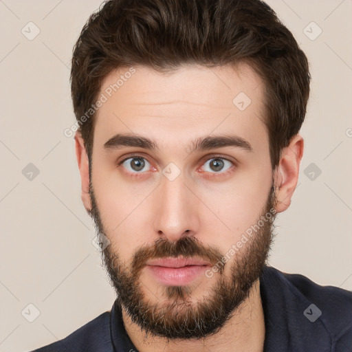 Neutral white young-adult male with short  brown hair and brown eyes