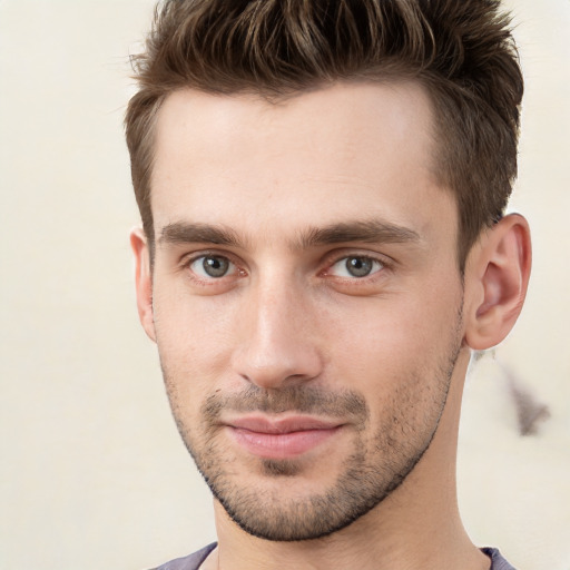 Neutral white young-adult male with short  brown hair and grey eyes