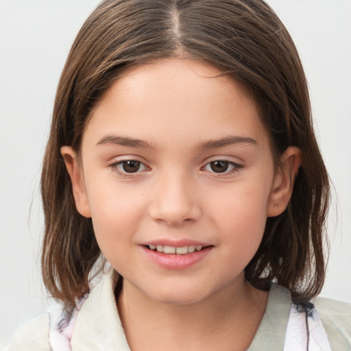 Joyful white child female with medium  brown hair and brown eyes