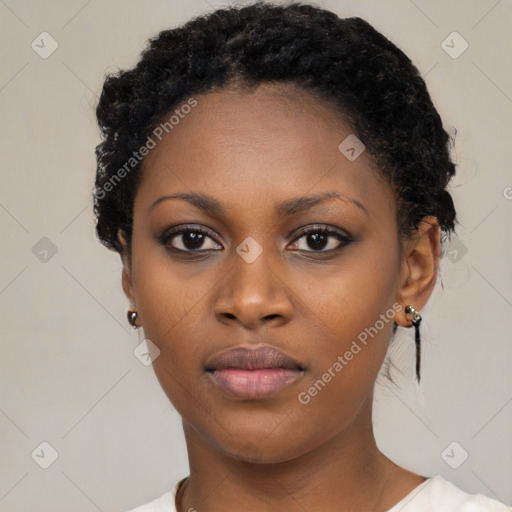 Neutral black young-adult female with short  black hair and brown eyes