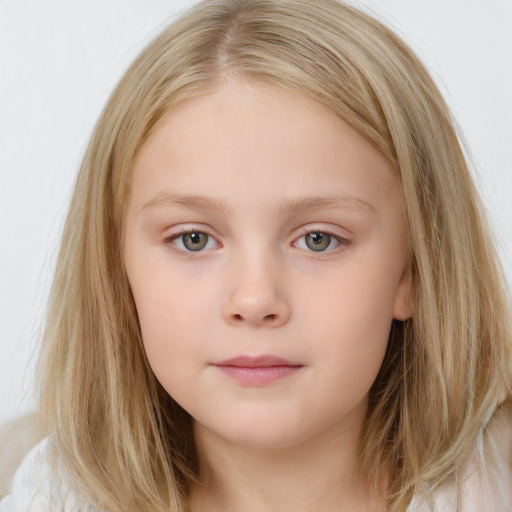 Neutral white child female with long  brown hair and blue eyes