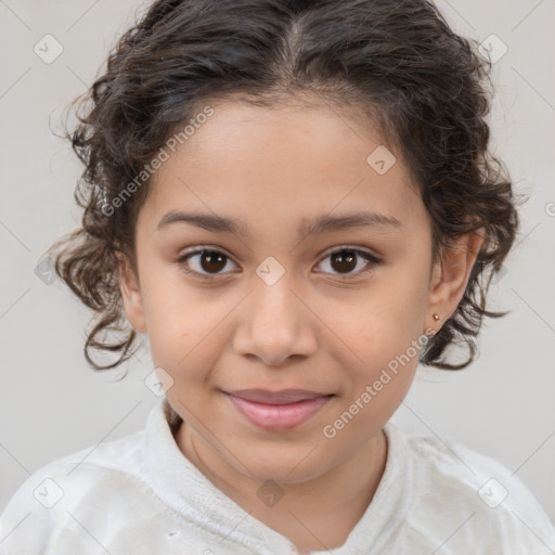 Joyful white child female with medium  brown hair and brown eyes