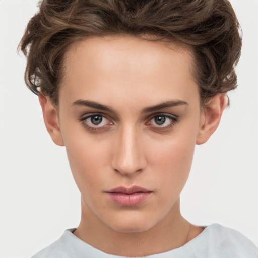 Neutral white young-adult female with short  brown hair and brown eyes