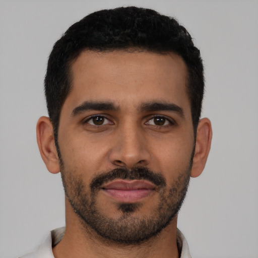 Neutral latino young-adult male with short  black hair and brown eyes
