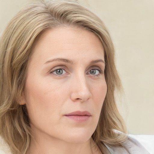 Neutral white young-adult female with medium  blond hair and grey eyes