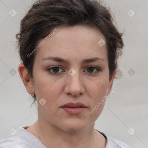 Neutral white young-adult female with short  brown hair and brown eyes