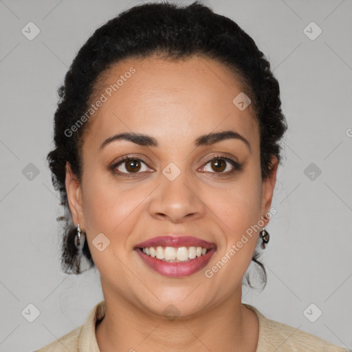 Joyful latino young-adult female with medium  brown hair and brown eyes