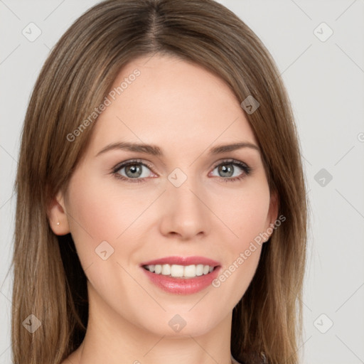 Joyful white young-adult female with long  brown hair and green eyes