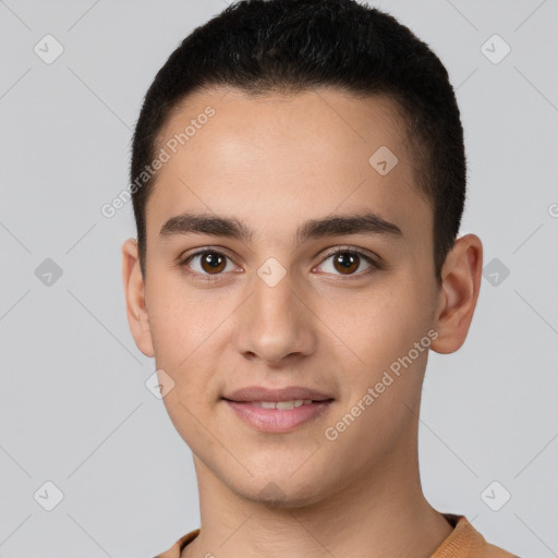 Joyful white young-adult male with short  brown hair and brown eyes