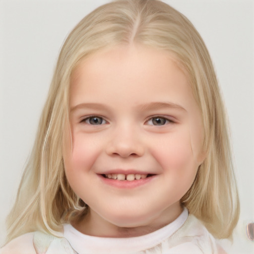 Joyful white child female with medium  blond hair and brown eyes