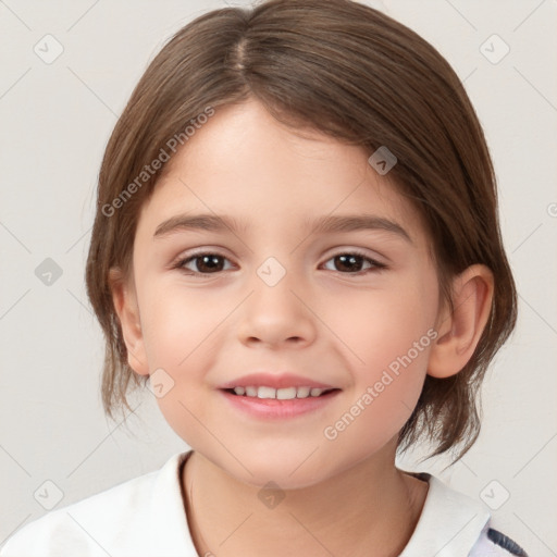 Joyful white child female with medium  brown hair and brown eyes