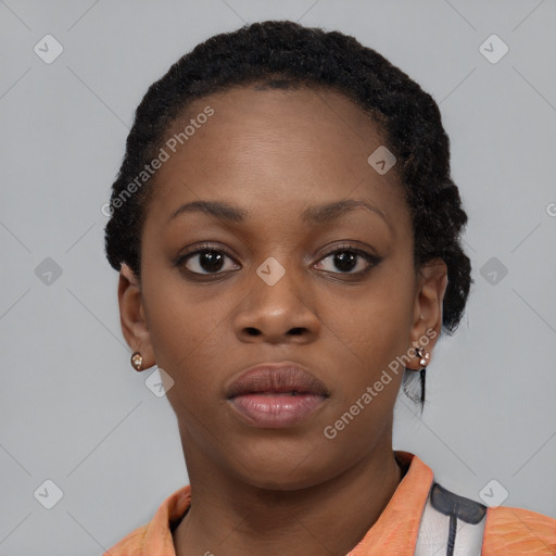 Neutral black young-adult female with short  brown hair and brown eyes