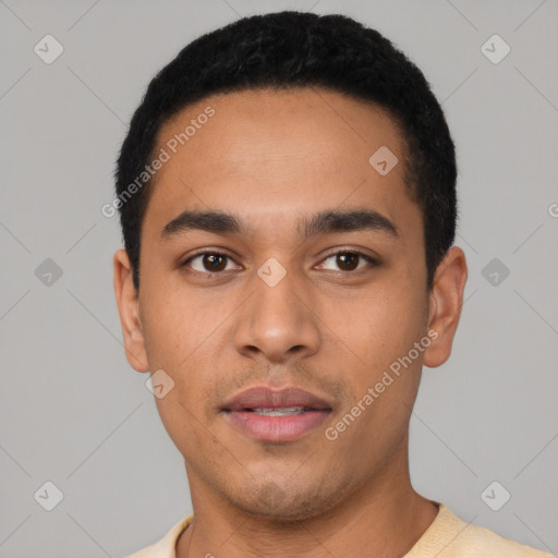 Neutral latino young-adult male with short  black hair and brown eyes