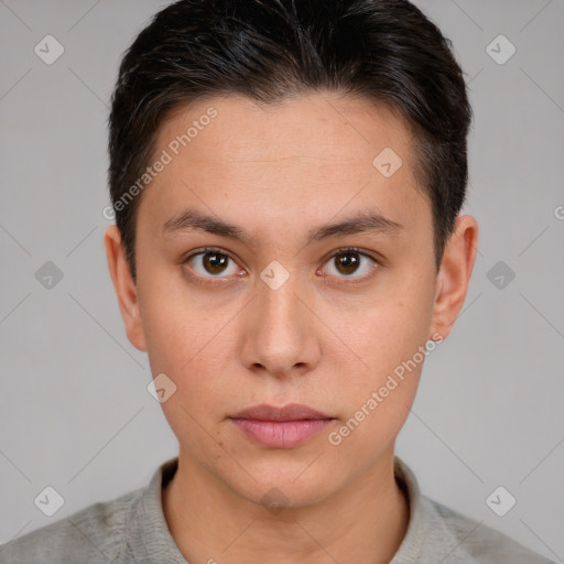 Neutral white young-adult male with short  brown hair and brown eyes