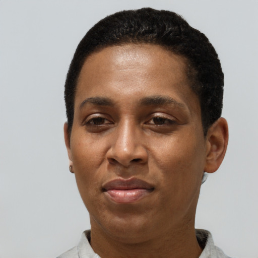 Joyful black young-adult female with short  black hair and brown eyes