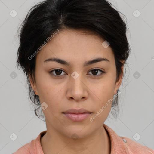 Neutral asian young-adult female with medium  brown hair and brown eyes