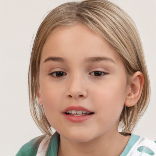 Joyful white child female with medium  brown hair and grey eyes