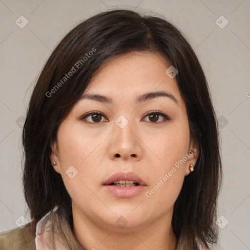 Neutral asian young-adult female with medium  brown hair and brown eyes