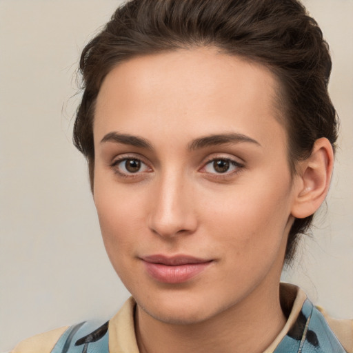 Neutral white young-adult female with medium  brown hair and brown eyes