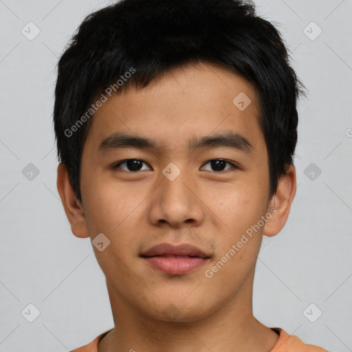 Neutral asian young-adult male with short  black hair and brown eyes