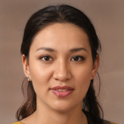 Joyful white young-adult female with medium  brown hair and brown eyes